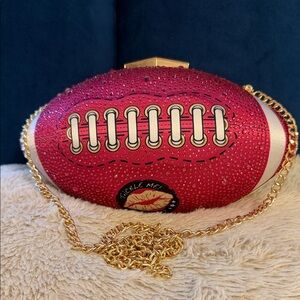 Betsey Johnson Pink Football Clutch Purse with Gold Chain,Rhinestone Novelty Bag
